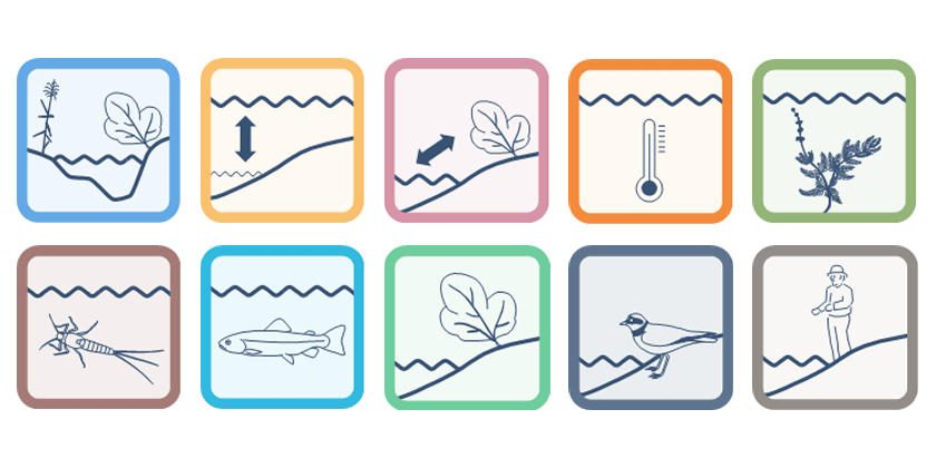 Icons of the indicator sets from the practice documentation “evaluating the outcome of river restoration projects”. © FOEN & Eawag