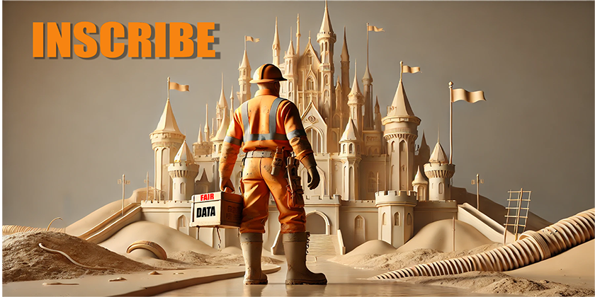Image generated with Dall-e3 using the prompt “A stylized 3D-rendered digital illustration in a minimalistic and warm color palette, depicting a construction worker in an orange uniform and hard hat standing in front of a grand castle. The worker holds a toolbox labeled 'DATA' and faces two signposts reading 'FAIR DATA' and 'DATA RE-USE.' The environment is smooth, sculpted, and has a matte finish with soft lighting. The background features a fantasy-style castle with flags, surrounded by abstract hills and structures. The composition should have a soft, artistic depth with a balance between industrial and fantasy elements."