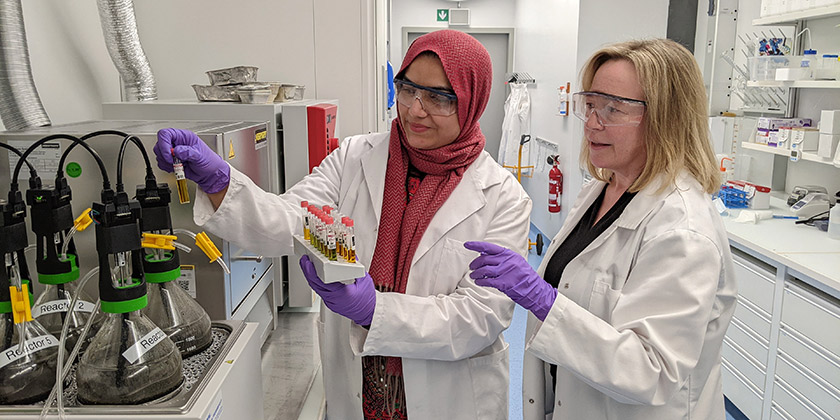 Thanks to the EPP stipedium, Nida Maqbool can spend several months conducting research at Eawag during her doctoral thesis. Linda Strande, Eawag researcher, guides her work in the lab. (Photo: Paul Donahue) 