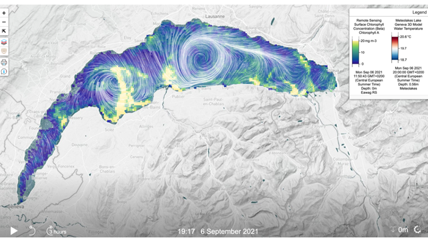 Map Viewer von «Datalakes»: Darstellung des 3D-Modells mit Wassertemperatur und Chlorophyll a-Konzentration im Genfersee. (Quelle: https://www.datalakes-eawag.ch/)