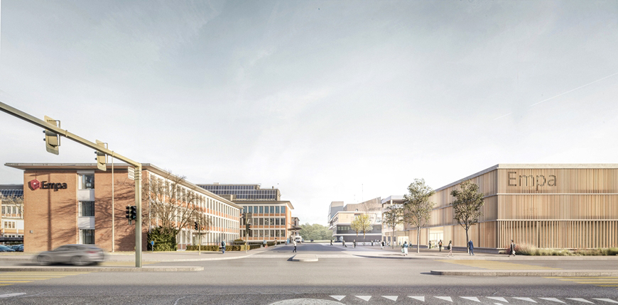 Future entrée du campus de l'Empa et de l'Eawag vue de l'Überlandstrasse. Illustration : SAM Architects / Filippo Bolognese Images Future entrée du campus de l'Empa et de l'Eawag vue de l'Überlandstrasse. Illustration : SAM Architects / Filippo Bolognese Images