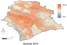 Satellite-measured surface temperatures for Zurich in summer 2013. Heat islands can be seen around the main station and along the railway lines, with cooler zones on the Limmat river or in the wooded hills (Data: Landsat; Graphic: Eawag).