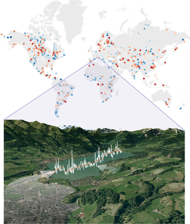 Von über 1000 Seen weltweit haben die Forschenden Satellitenbilder und Daten aus dem Einzugsgebiet ausgewertet (Illustration: Eawag, Luis J. Gilarranz)