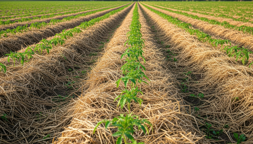 Schutz der Kulturen vor Austrocknung und Unkraut mit Stroh als eine mögliche Alternative zum Einsatz von Pestiziden. (Adobe Stock)
