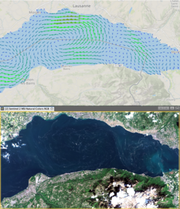[Translate to English:] Das Bild des Sentinel-2A-Satelliten vom Genfersee stammt vom Freitag, 24. April. Die Pollenschlieren zeigen die Strömungen an der Seeoberfläche. 