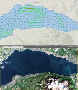 Das Bild des Sentinel-2A-Satelliten vom Genfersee stammt vom Freitag, 24. April. Die Pollenschlieren zeigen die Strömungen an der Seeoberfläche. 