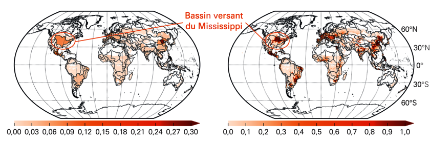 Fig. 3 : Stress hydrique lié à l'empreinte grise due à la culture du maïs déterminé à l'échelle globale du bassin versant (à gauche) et à une échelle spatiale plus fine (à droite). Les calculs sont basés sur la pollution par l'azote et par le