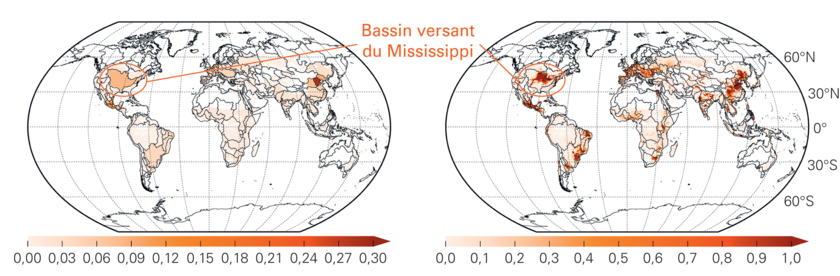 Fig. 3 : Stress hydrique lié à l'empreinte grise due à la culture du maïs déterminé à l'échelle globale du bassin versant (à gauche) et à une échelle spatiale plus fine (à droite). Les calculs sont basés sur la pollution par l'azote et par le
