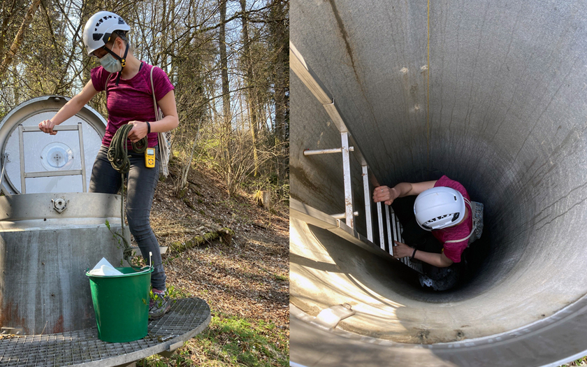Sampling of groundwater organisms: The access points were drinking water wells, where an environmental DNA sample was taken from the water. (Photos: Eawag, Florian Altermatt)