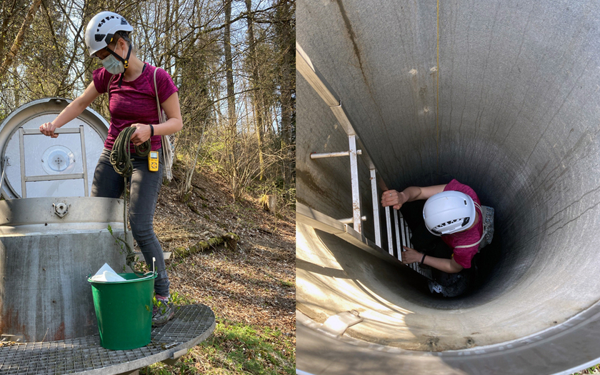 Beprobung der Grundwasserorganismen: Der Zustieg erfolgte über Trinkwasserfassungen, anschliessend wurde eine Umwelt-DNA-Probe aus dem Wasser entnommen. (Fotos: Eawag, Florian Altermatt)