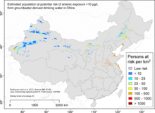 Map showing densities of populations in China potentially exposed to excessive levels of arsenic in water