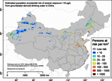 Map showing densities of populations in China potentially exposed to excessive levels of arsenic in water