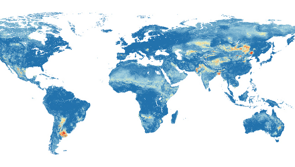 Globale Gefährdungskarte von Arsenverschmutzungen im Grundwasser: Rot bedeutet eine hohe Wahrscheinlichkeit, dunkelblau eine geringe Wahrscheinlichkeit, dass sich mehr als 10 Mikrogramm pro Liter Arsen im Grundwasser befinden. (Gr: Podgorski et al., 2020)