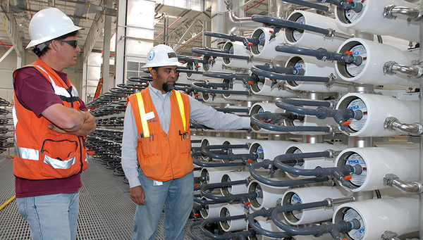 Fig. 1: Potable water reuse has been implemented at the Orange County Water District utility in California. This project, unlike others elsewhere in the state, did not encounter public opposition. Pictured here: the reverse osmosis system. (Photo: OCWD)