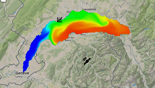 Surface temperatures in Lake Geneva on 1.7.2017: while in Geneva and on the southwest shore near Nyon, temperatures below 10 degrees were recorded, in Évian swimmers were enjoying 22 to 23-degree waters. (Source: meteolakes.epfl.ch)