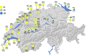 Genetic analyses of almost 1600 sticklebacks across Switzerland reveal differences between the populations in the various lakes: put simply, yellow indicates alleles for low-plated and blue for fully plated phenotypes, while green indicates mixed forms. More details can be found in the original publication and in Supplementary Table 2 (adapted from Lucek et al. 2010).