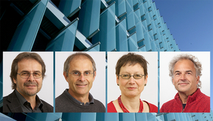 Die Eawag-Forschenden Bernhard Truffer, Urs von Gunten, Juliane Hollender und Ole Seehausen (von links nach rechts) zählen zu den meistzitierten Wissenschaftlern weltweit (Foto: Eawag) 