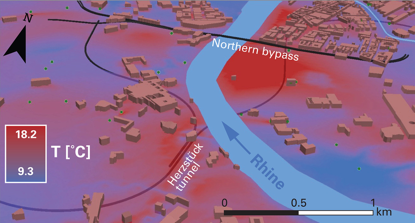 Groundwater temperatures at the Rhine bend in Basel. In places, they reach over 18 degrees. (Graphic: University of Basel)