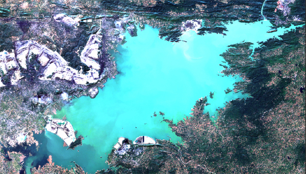 Satellitenbild vom Govind Ballabh Pant Sagar, dem grössten künstliche See Indiens. (Bild: europäischen Erdbeobachtungsprogramms Copernicus Global Land Service)