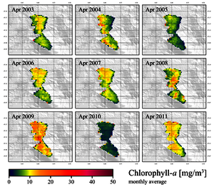 Die Grafik zeigt die gemittelte Chlorophyll-Konzentration im Zugersee des Monats April zwischen 2003 und 2011. Die Informationen stammen aus Satellitenbildern von Envisat. (Grafik: Daniel Odermatt)