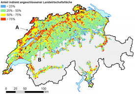 Percentage of hydraulic shortcuts (= indirect) from connected agricultural areas relative to the total connected agricultural area by catchment in the Swiss plateau and the Jura region. No modelling was performed for the mountainous areas (grey). (Underlying map: reproduced courtesy of swisstopo/JA100119)
