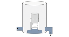 The AkvoTur chlorinator designed by Eawag is installed right after the water tap. At the bottom of the container is a cylinder in which are placed the chlorine tablets. The cylinder has slits on each side; water enters through one slit, eroding the tablets, and exits through the opposite slit.