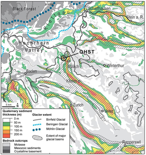 Extent and depth of the glacial basin from the quaternary. The circle (QHST) denotes the drill site. (Source: from the publication).