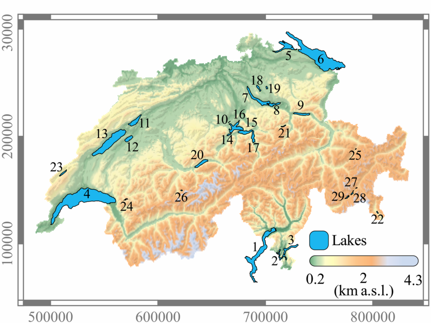 L'équipe de recherche a étudié 29 lacs suisses situés sur des gradients d’altitude de 193 m à 1797 m.