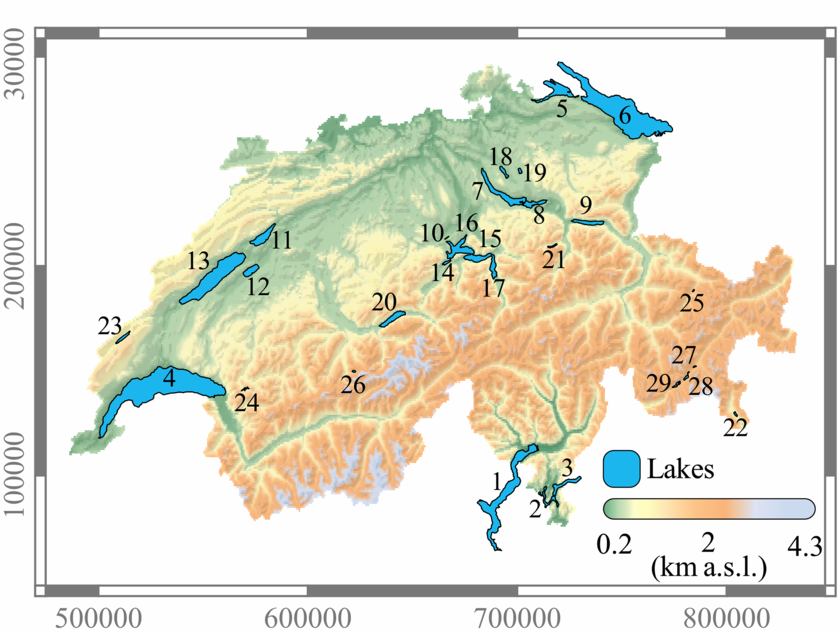 The team of researchers examined 29 Swiss lakes along an elevation gradient from 193 m to 1797 m above sea level. 