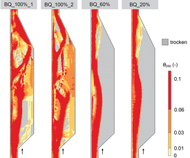 In case of a bedload deficit (BQ = 60 or 20%), the water mainly flows in the main channel of the river and causes high bed shear stress there (orange, red), while the floodplain remains almost dry. In the case of bedload equilibrium (BQ = 100%, repeated 2 times), a mosaic of both high bed shear stress areas and areas of reduced flow and lower bed shear stress forms. (figure: VAW, ETH Zurich)