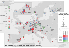 Le graphique montre les doses quotidiennes typiques des différentes drogues en Europe. Rouge = cocaïne. Violet = MDMA. Bleu = amphétamine. Vert = méthamphétamine. (Source : Iria Gonzalez-Marino et al.)