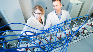 Caitlin Proctor und Frederik Hammes untersuchen Biofilme von Duschschläuchen. (Foto: Eawag, Aldo Todaro)