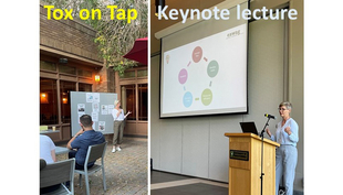 Kristin Schirmer at her public lecture (left) and at her keynote lecture (right), Photo: Natacha Hogan