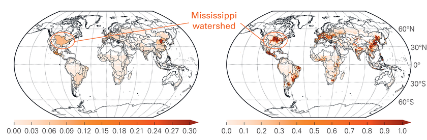 Fig. 3: Grey water stress caused by maize production, assessed at the watershed (left) and the grid level (right). Nitrogen and phosphorus pollution were taken into consideration.