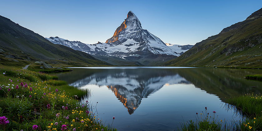 Das majestätische Matterhorn spiegelt sich in einem ruhigen Alpensee mit Wildblumen (Foto: Adobe Stock)