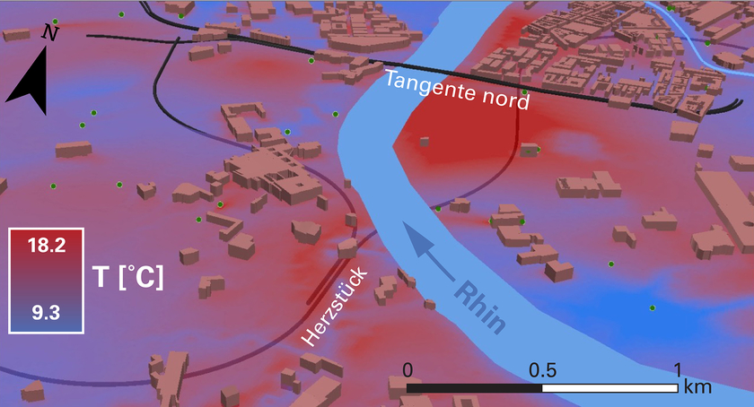 Températures de l’eau souterraine dans le coude du Rhin à Bâle. Elles atteignent plus de 18 degrés par endroit. (Graphique : Université de Bâle)