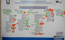 What characterises good urine and faeces disposal in new buildings in the greater Paris region? From the point of view of the professionals participating in the workshop, the red and green dots mean that the respective objective is either particularly important or rather unimportant. (Photo: Judit Lienert)