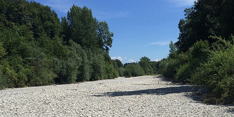 Ausgetrocknete Emme unterhalb der Emme-Birne bei Aefligen in der Trockenperiode 2018 (Foto: Fischereiinspektorat des Kantons Bern, Karin Gafner)