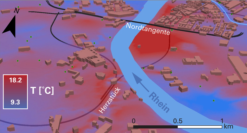 Grundwassertemperaturen am Rheinknie in Basel. Stellenweise erreichen sie über 18 Grad. (Grafik: Universität Basel)