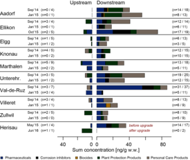 Le graphique montre combien de nanogrammes de composés traces sont contenus dans un gramme de gammaridés. La concentration en composés traces était nettement plus élevée en aval de la STEP qu’en amont. Chose intéressante, la STEP d’Herisau a é