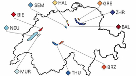 Von den folgenden zehn Seen standen den Forschenden Daten zur Verfügung: MUR: Murtensee, NEU: Neuenburgersee, BIE: Bielersee, SEM: Sempachersee, HAL: Hallwilersee, GRE: Greifensee, ZHR: Zürichsee, BAL: Baldeggersee, BRZ: Brienzersee, THU: Thunersee (Grafik: Ewa Merz et al, Nature Climate Change. doi.org/10.1038/s41558-023-01615-6).