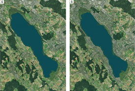 A gauche, une photo aérienne actuelle, à droite un montage de ce à quoi le lac et ses rives ressembleraient probablement aujourd'hui si une ordonnance de protection n'avait pas été élaborée en 1941. (image tirée du journal du Nouvel An).