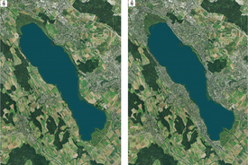 On the left, a current aerial photo; on the right, a montage of what the lake and its shores would probably look like today if a protection ordinance had not been drawn up in 1941. (Picture from the New Year's Bulletin NGZH).