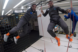 Jimenez and his colleague Benedict Borer during a moment of zero gravity. (Photo: Eawag)