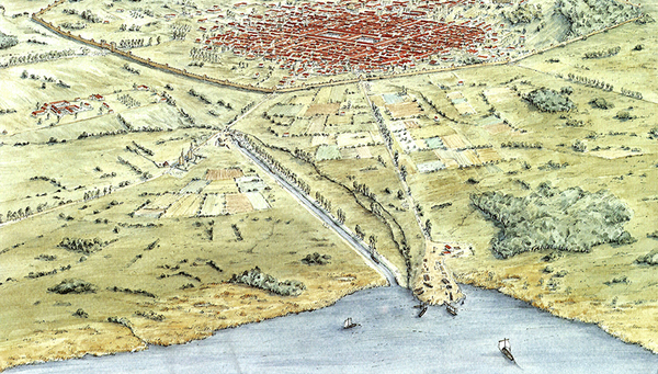 Eine Rekonstruktion der Stadt Aventicum am Murtensee, ehemalige Hauptstadt der römischen Schweiz. Das Bild stammt aus dem Buch «Aventicum – Eine römische Hauptstadt» von Daniel Castella et al. (2015).