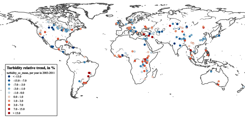 The map shows the average over nine years of annual changes in the turbidity of the lakes analysed. The greatest changes occur in lakes with greatly decreased or increased volume. (Illustration: Odermatt et al., 2018)