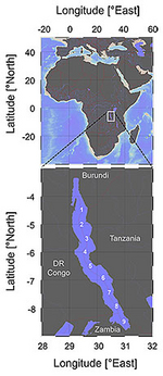 Karte des Tanganjikasees mit den neun Stationen unserer Forschungsausfahrten