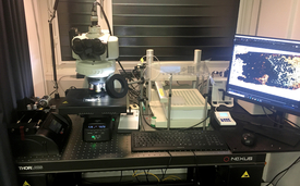 The experimental setup consisted, from left to right, of a pump, an optical microscope under which the filter model was placed, a fraction collector for analysing the filtered water and the screen on which the images from the microscope could be seen.