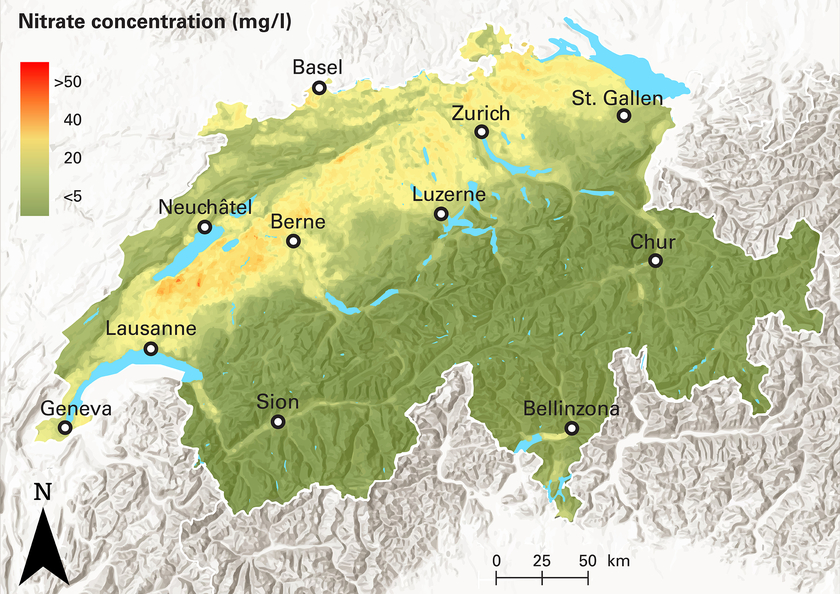 Nitrate concentrations predicted with the help of AI models. Nitrate hotspots are mainly located south of Lake Neuchâtel and north of Zurich. (Graphic: Gustavo Covatti, Eawag (Covatti et al., STOTEN, 2025))