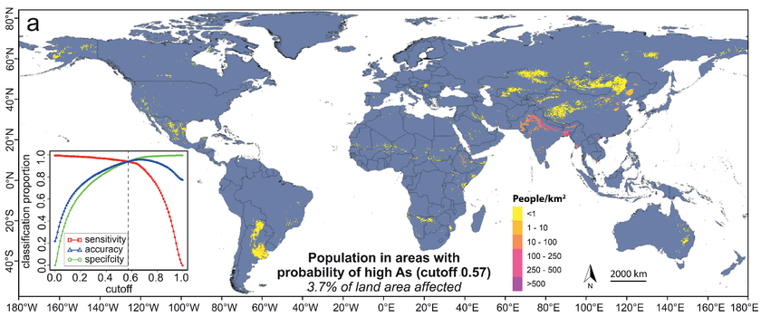 Die Risikokarte illustriert, wie viele Menschen in welchen Regionen von hohen Arsengehalten im Grundwasser potentiell betroffen sind. (Grafik: Podgorski et al., 2020)